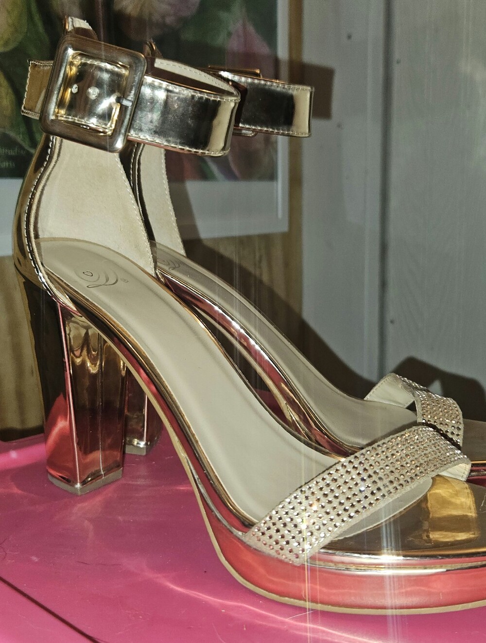 Gold Metallic Block Heel Ankle Strap Sandals Size 8 1/2